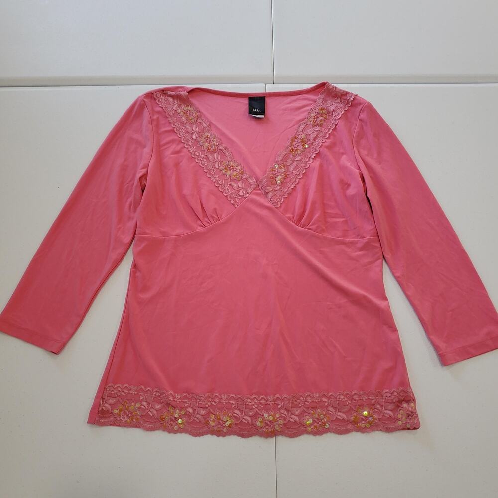Y2K Babydoll Shirt Womens Medium Pink Lace Trim Sequins V-Neck 3/4 Sleeve Blouse